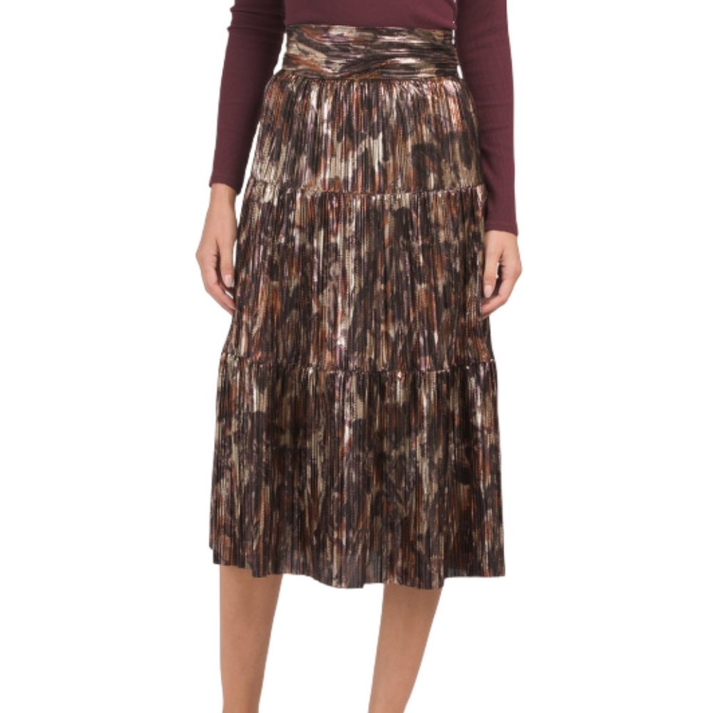 Ba&sh NEW Women's Metallic Poly Violet Tiered Pleated Midi Skirt Size 8 - Picture 4 of 16